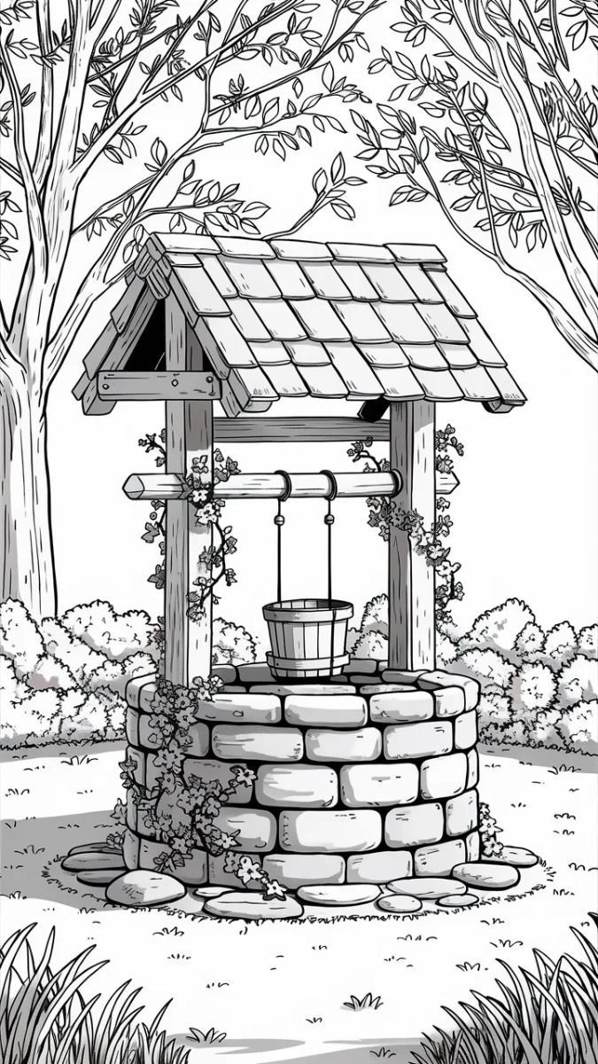 a black and white drawing of a well in the middle of a park with trees