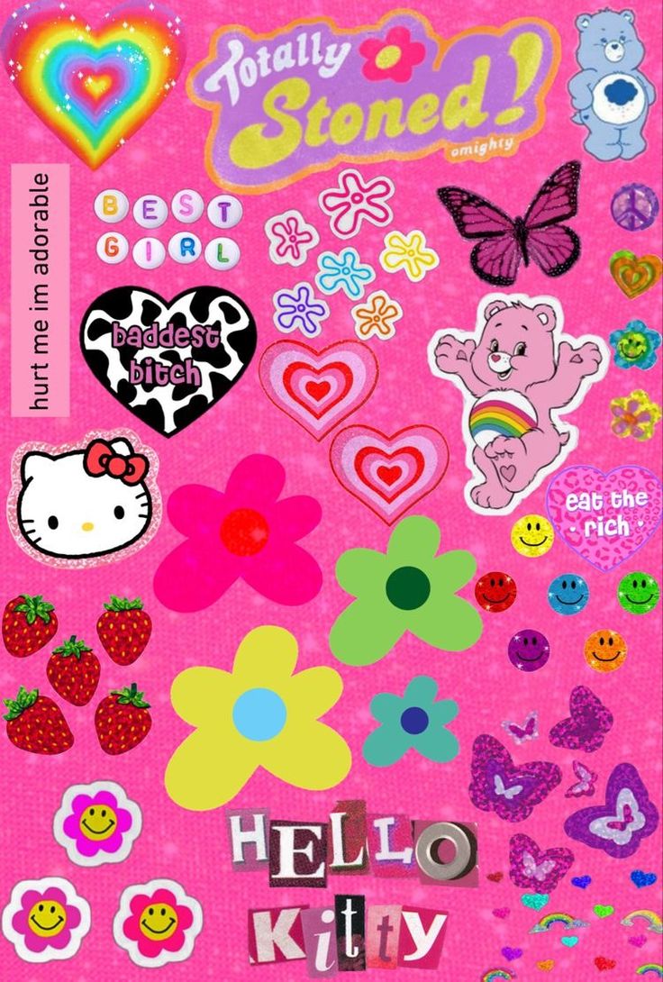 the hello kitty sticker sheet is pink with lots of different designs and colors on it