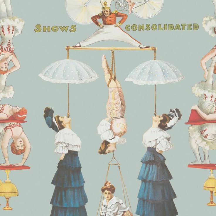 an advertisement for the circus shows women hanging upside down on umbrellas and riding bicycles