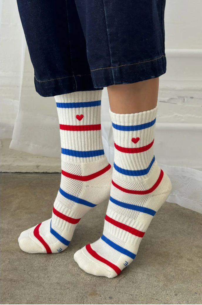 Introducing the Stripe Boyfriend Socks, the epitome of sporty charm and playful style! These delightful socks are a fusion of comfort, functionality, and an irresistible dose of cuteness. Designed to make a statement, they'll add a vibrant touch to any workout ensemble or casual attire. Contents:85% Cotton 13% Polyester 2 SpandexSizing:One size fits most (US women's size 6-10) Cottage Socks, Boyfriend Socks, Sock Lovers, Heart Socks, Playful Style, Embroidered Heart, Lifestyle Store, West London, Socks And Tights