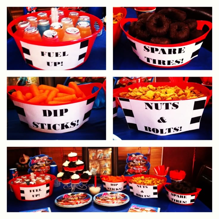 several pictures of different foods in buckets on a table with snacks and drinks around them