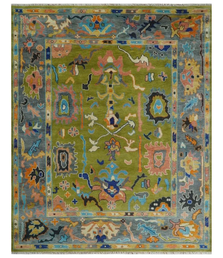 Custom Made Green, Gray and Peach Colorful Hand knotted Traditional Oushak wool Area Rug - The Rug Decor 9x12 Area Rugs, Big Rugs, Area Rug Sizes, Oushak Rugs, Handmade Wool Rugs, Turkish Oushak Rugs, Wool Area Rug, Green Rug, Muted Colors