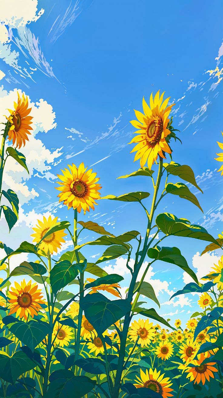 the sunflowers are blooming in the field under a blue sky with white clouds