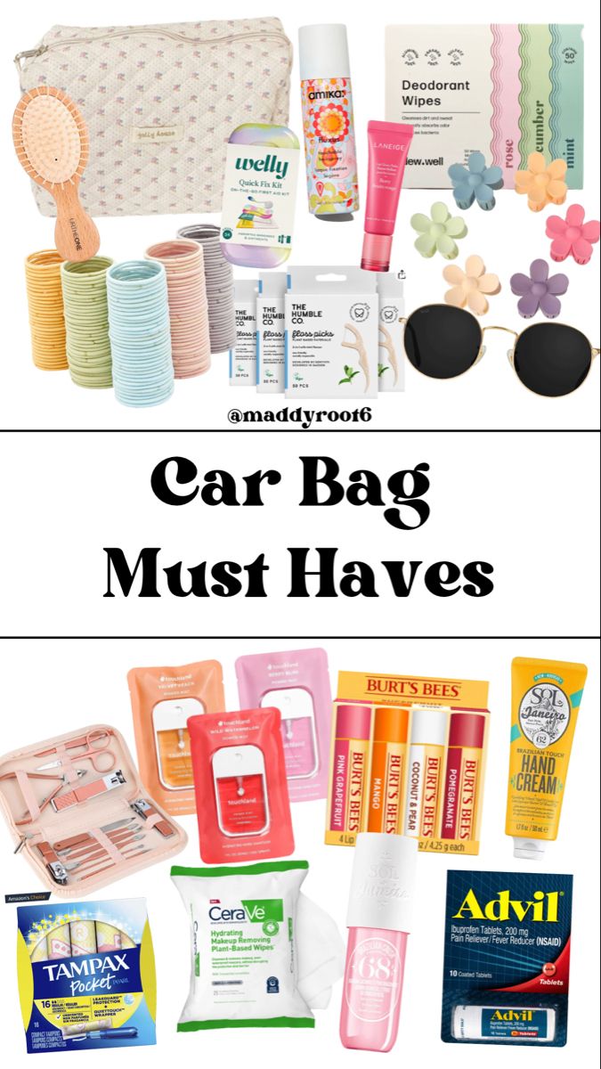 car bag, car, car essentials, women’s car, car accessories, hair ties, sunglasses, quilt bag, chapstick, flower claw clips, hand sanitizer, Sports Mom Car Essentials, Car Boot Essentials, Boyfriend Car Accessories, Off Roading Essentials, Summer Mom Car Essentials, Must Have In Car, Whats In My Car Essentials, Car Package Ideas, Things To Buy For Car