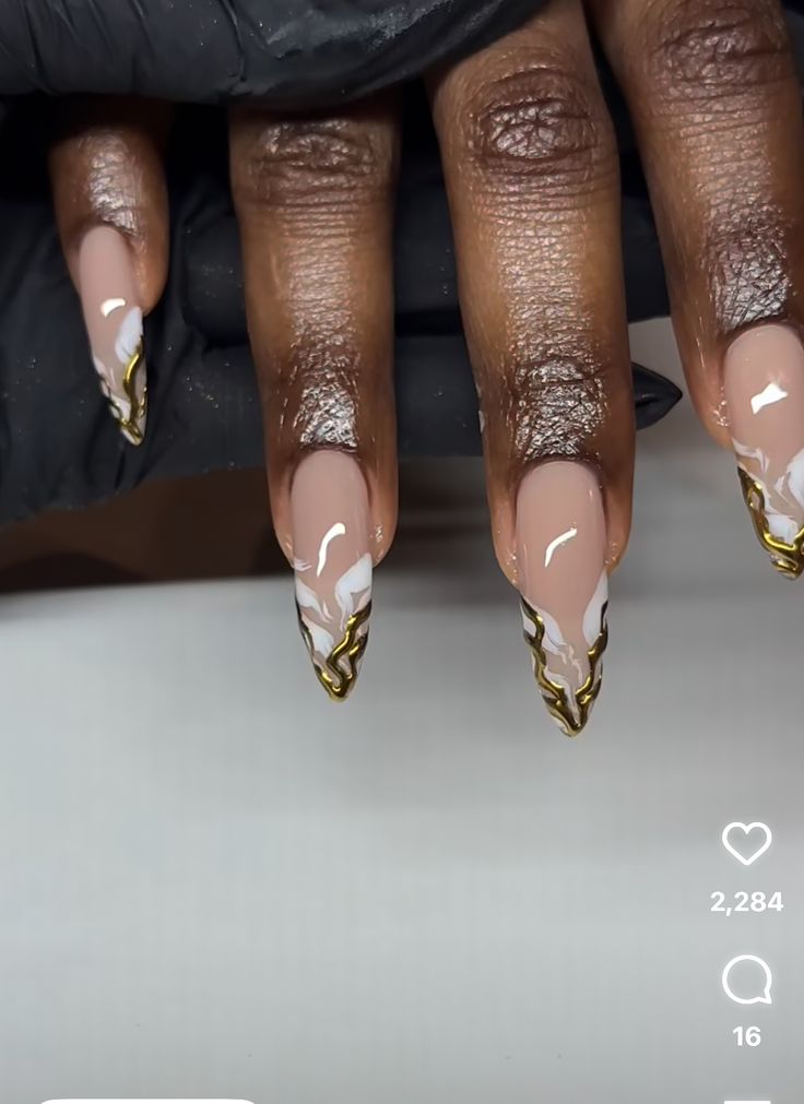 Hbcu Nails, White N Gold Nails, 30th Birthday Nails Turning 30, French Tip With Gold Design, Gold Abstract Nails, Birthday Nails Almond Shape, Abstract French Tip Nails, Libra Nails, Shiny Nails Designs