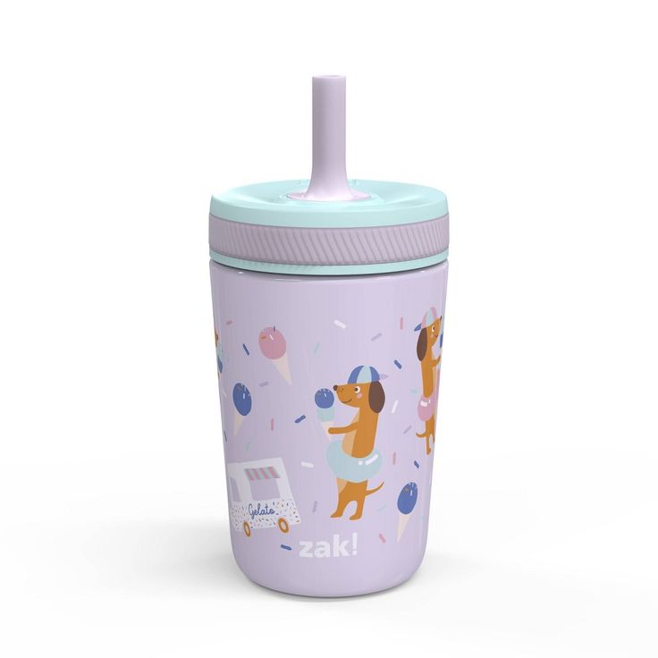 a purple cup with a dog on it and confetti sprinkles