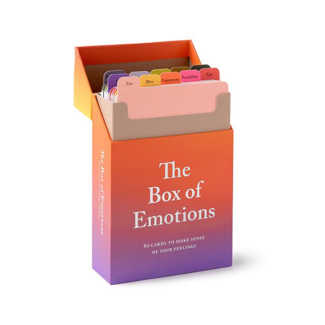 the box of emotions is filled with cards and folders, which are stacked high on top of each other