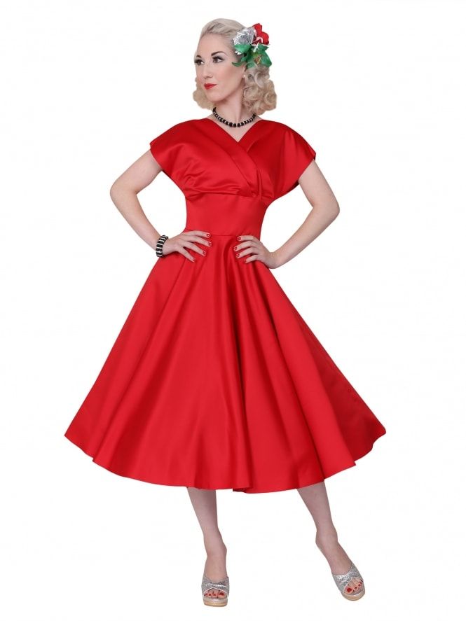 40s-1940s-Vivien-of-Holloway-Best-Vintage-Reproduction-Grace-Wrap-Circle-Dress-Red-Duchess-Satin-Hollywood-Swing-Pinup Classic V-neck Party Dress, Classic V-neck Dresses For Gala, Classic Evening Tea Length Dress, Classic Tea-length Evening Dress, Retro V-neck Wedding Dress, Elegant V-neck Vintage Wedding Dress, 1950s Style Dress With Sweetheart Neckline And Fitted Bodice, 1950s Style Dress With Sweetheart Neckline, Retro Evening Dress With Sweetheart Neckline