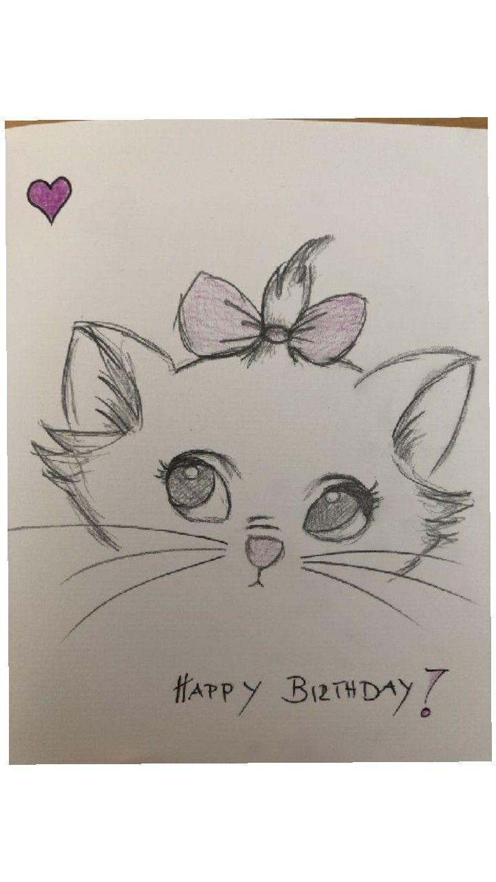 a drawing of a cat with a bow on it's head and the words happy birthday