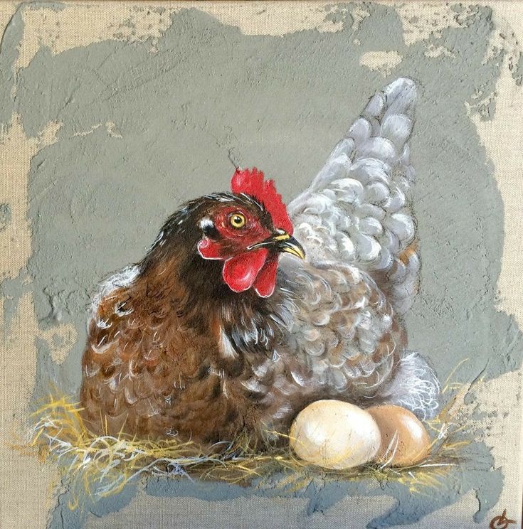 a painting of a chicken sitting on top of an egg