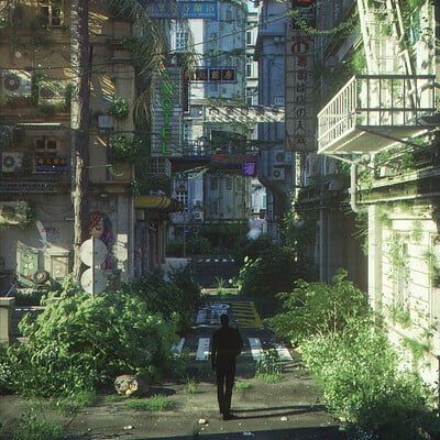 a man walking down a street next to tall buildings and plants on either side of him