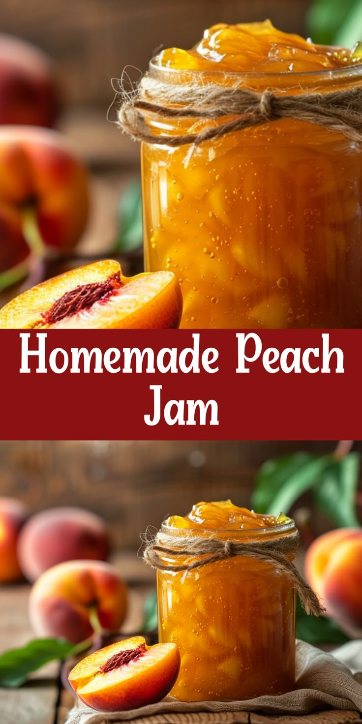 homemade peach jam with fresh peaches in the background