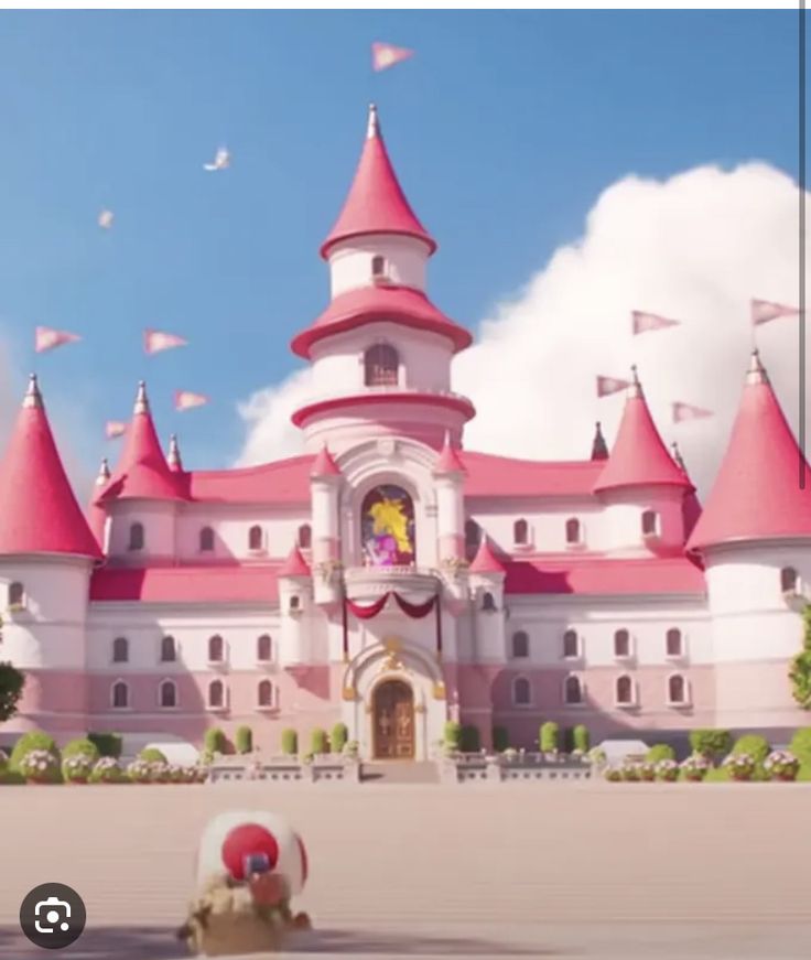 an animated image of a castle with pink turrets