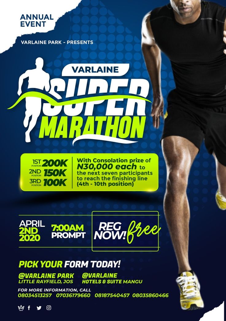 an advertisement for a marathon event with a man in black shirt and yellow shoes running