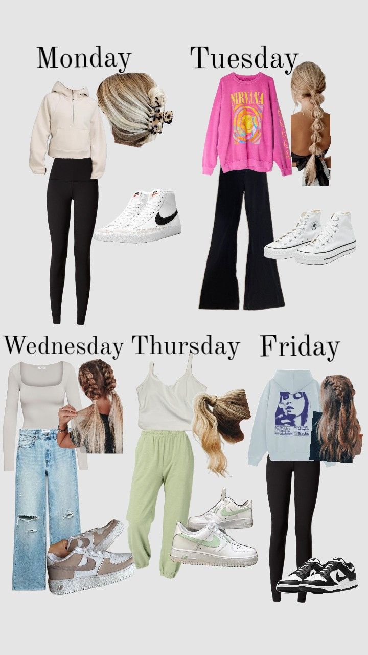 Outfits of the week! Days Of The Week Outfits School, Outfits For Week, Wendsday Outfits Ideas, What To Wear Each Day Of The Week, Day Of The Week Outfits, Week Outfits For School, Outfit Ideas For The Week, Outfits For Each Day Of The Week, What To Wear On Monday