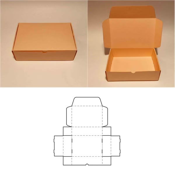 an open cardboard box with two sides cut out to show the front and back side