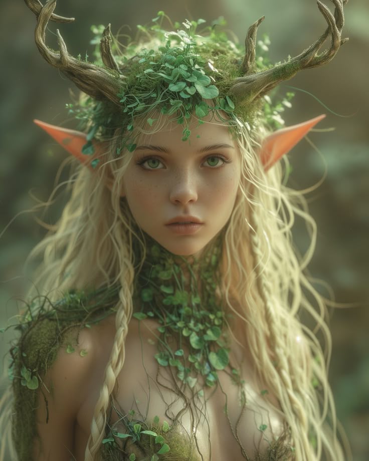 a woman with long blonde hair and horns on her head is dressed in green foliage