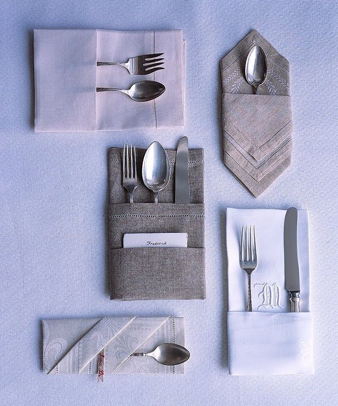 silverware and napkins laid out on top of each other in different positions,