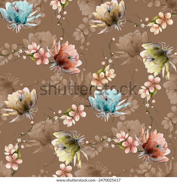 a floral pattern with flowers and leaves on a brown background