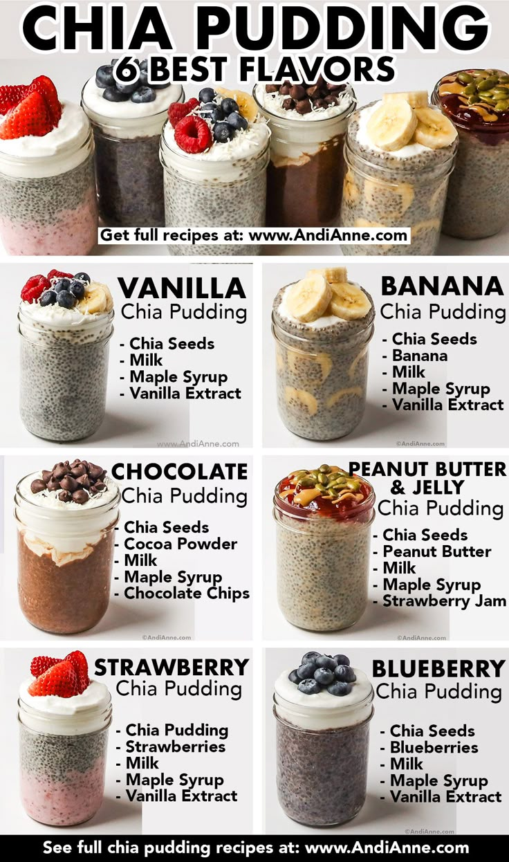 chia pudding in jars with different toppings and ingredients to make it look like they are