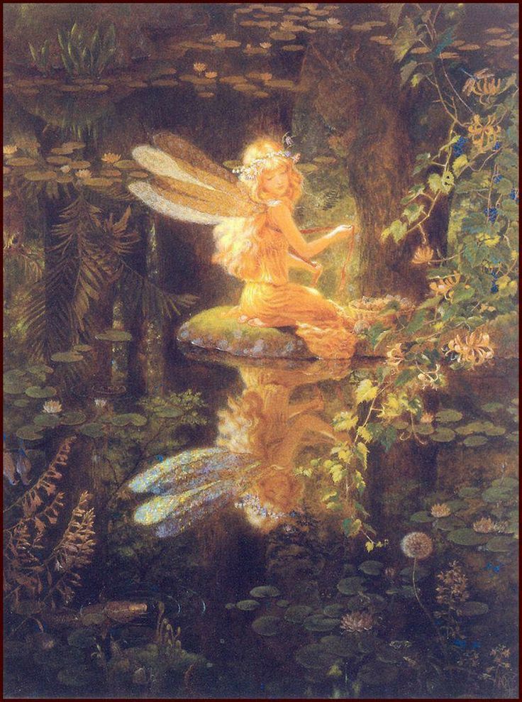 a painting of a fairy sitting on top of a lily pad in the water surrounded by plants