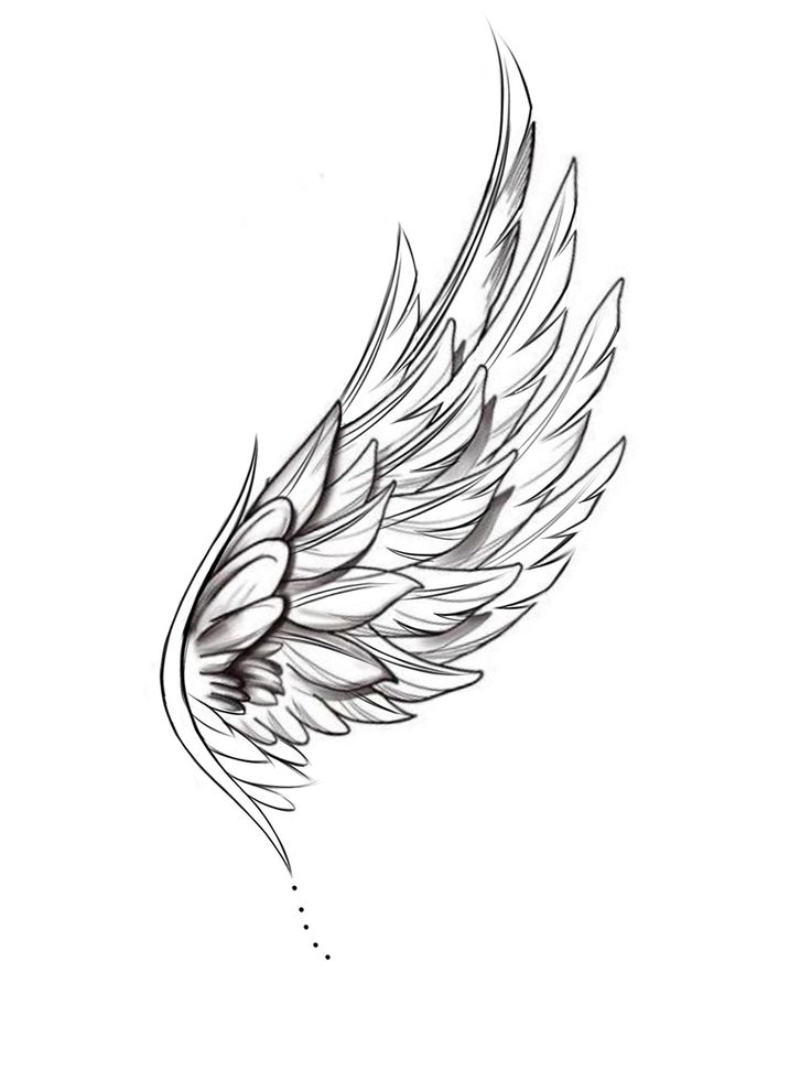 a black and white drawing of an angel wing