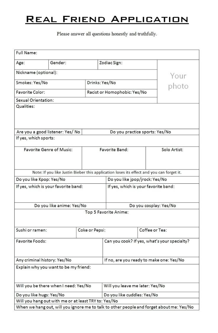 a printable application for a real friend application