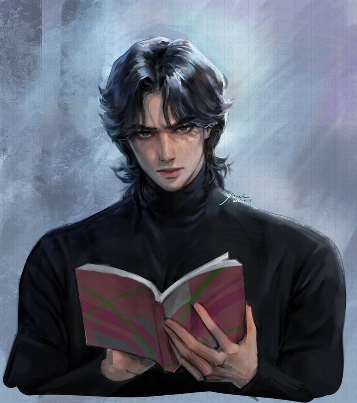 a painting of a man with black hair holding a book and looking at the camera