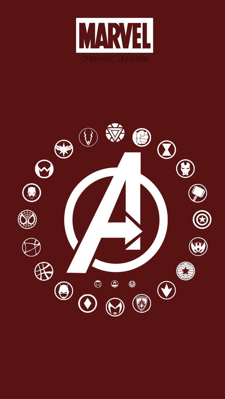 the avengers logo is shown in white on a red background with other symbols around it