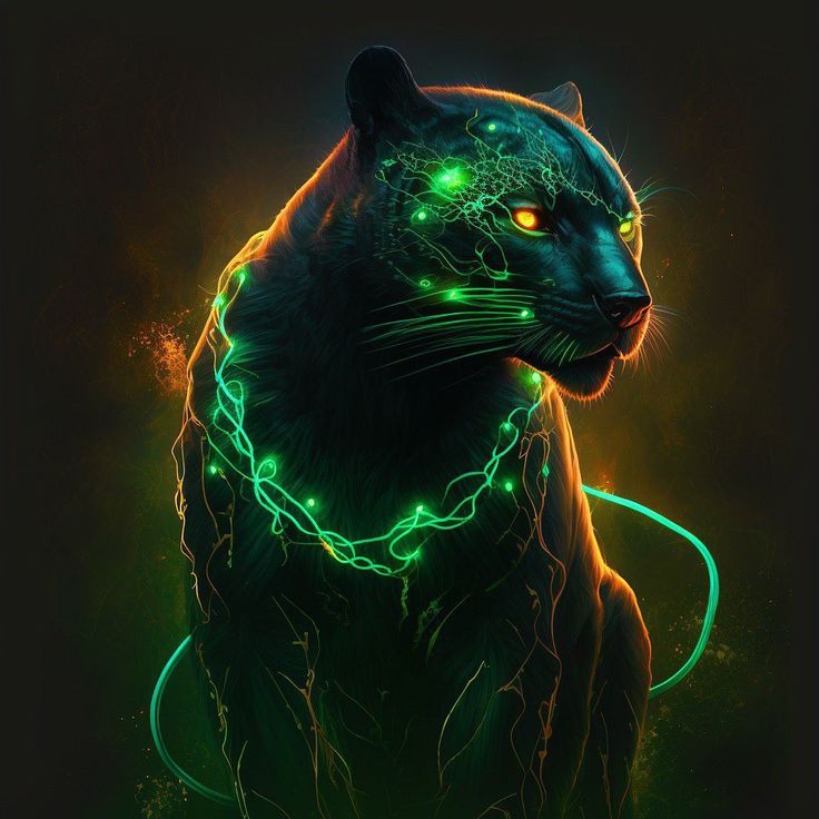 a black cat with glowing green eyes and a chain around it's neck, on a dark background