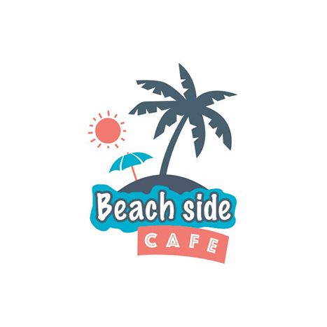 the beach side cafe logo with an umbrella and palm tree in the sun behind it