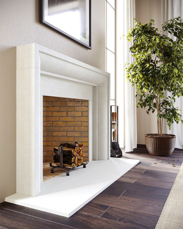 a living room with a fire place and potted plant