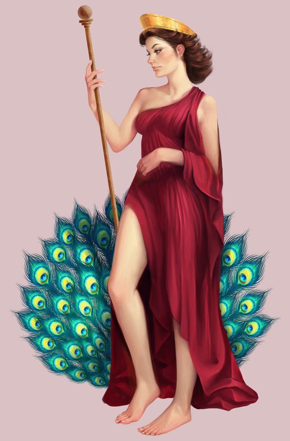 a painting of a woman in a red dress holding a stick and standing next to a peacock