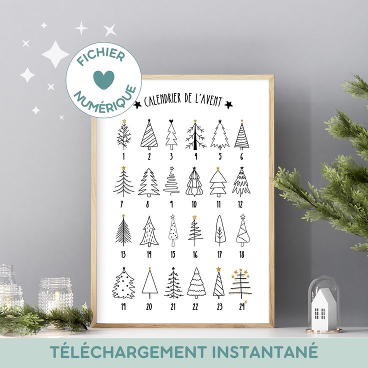 a christmas tree chart is displayed on a shelf next to a small house and pine trees