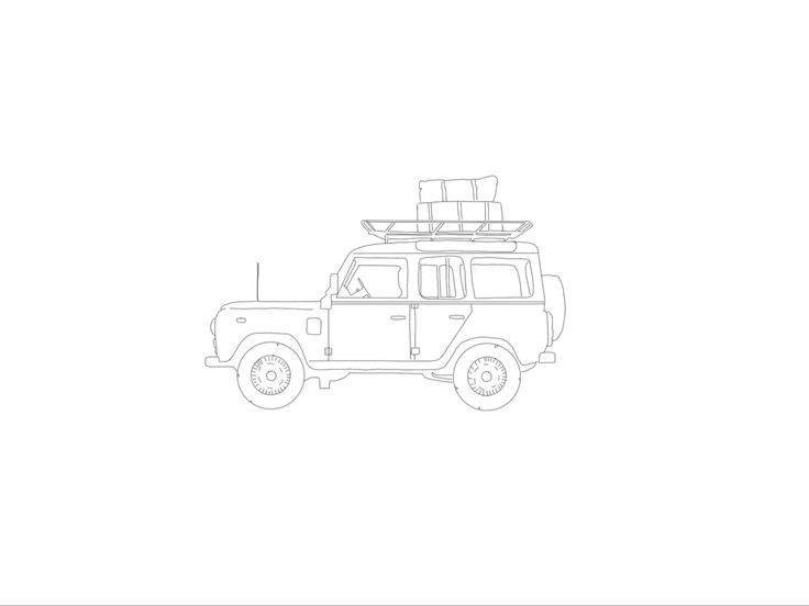 a black and white drawing of a jeep with luggage on top