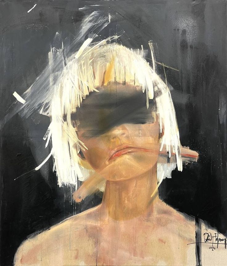 an abstract painting of a woman with white hair and blindfolds on her face