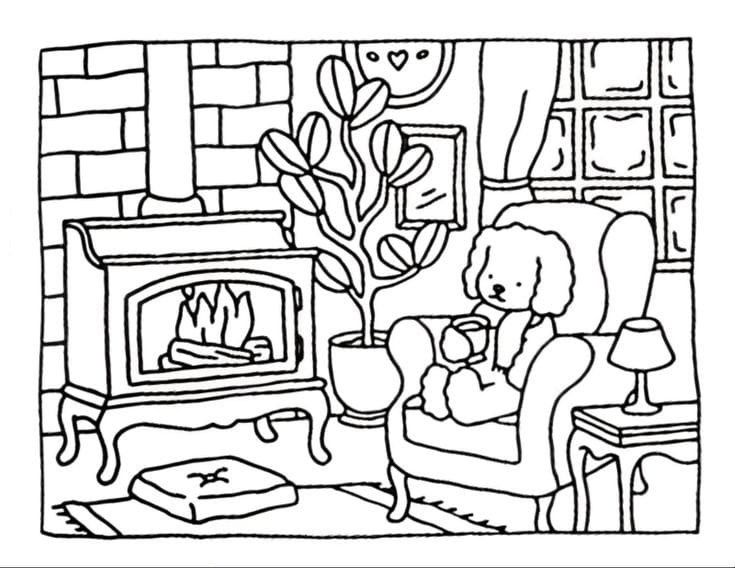 a black and white drawing of a living room with a fire place in the fireplace