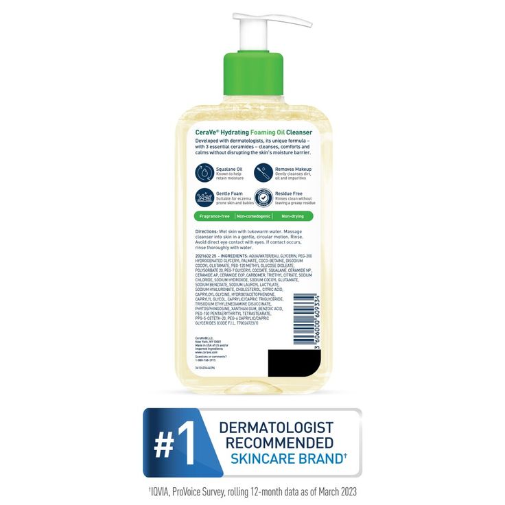 Developed with dermatologists, CeraVe Hydrating Foaming Oil Cleanser is formulated for dry to very dry skin. Also suitable for sensitive skin, atopic-prone skin and baby skin. Non-comedogenic. Fragrance-free. Containing three essential ceramides, this cleanser formula helps maintain the skin’s natural barrier, ensuring it does not feel tight. Keeps skin hydrated. Suitable for use on Face and Body Daily wash with hyaluronic acid, ceramides, squalane and triglycerides cleanses without stripping mo Hydrating Foaming Oil Cleanser, Oil Face Wash, Squalane Oil, Oil Cleanser, Cleansing Oil, Baby Skin, Face Cleanser, Face Wash, Skin Moisturizer