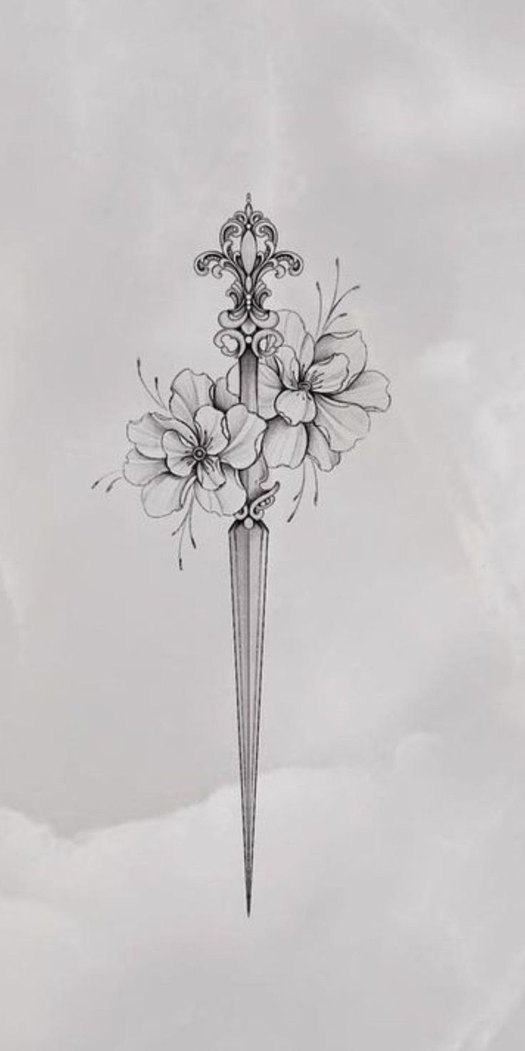 a black and white drawing of a dagger with flowers on it's tip, in the sky