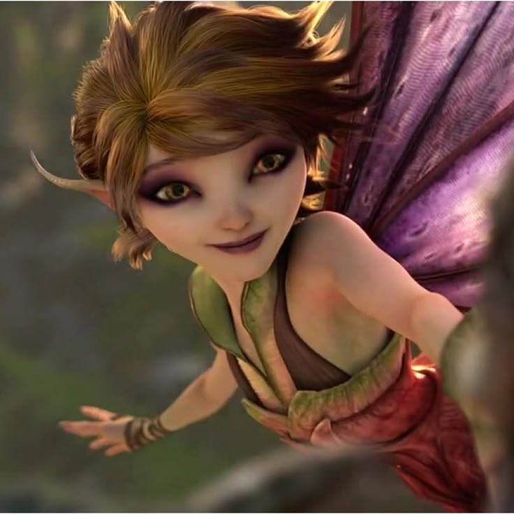 an animated fairy with brown hair and green eyes