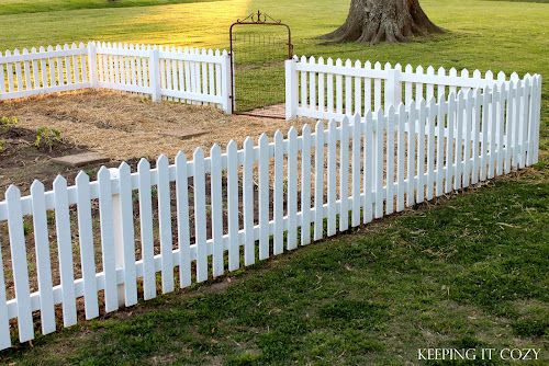 a white picket fence in front of a tree