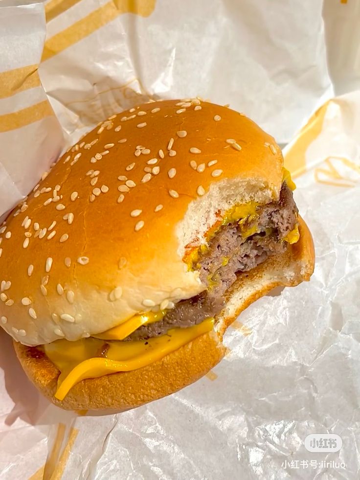 a cheeseburger with meat and mustard on it