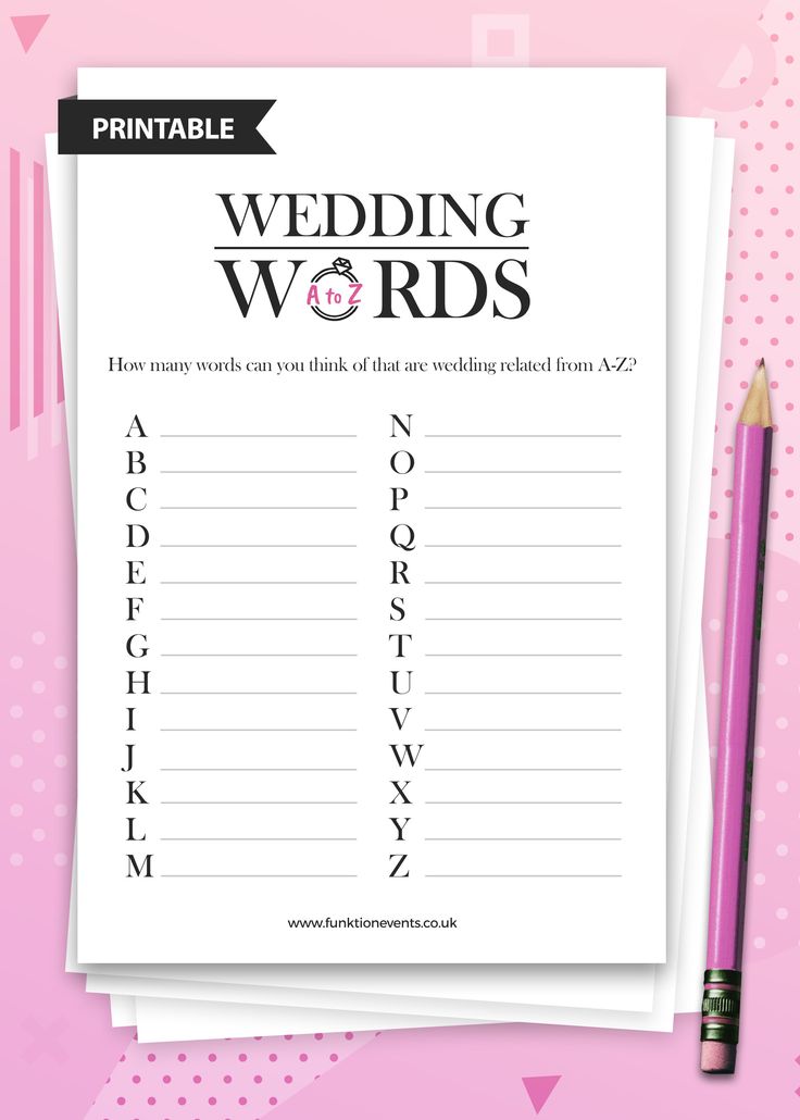 a printable wedding word list with a pencil next to it on a pink background