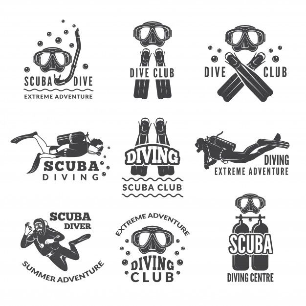 scuba club emblems and badges with diving equipment, scuba mask, scuba tube, scuba diver