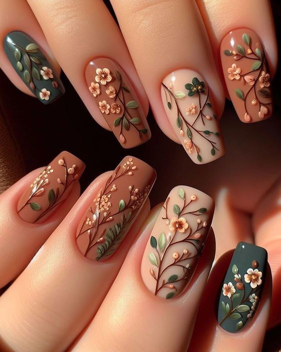 Boho Nails Coffin, Engagement Nails Floral, Forest Themed Nails, Green And Brown Nail Designs, Forest Wedding Nails, Earthy Nail Ideas, Flower Nails Natural, Forest Theme Nails, Green Vine Nails