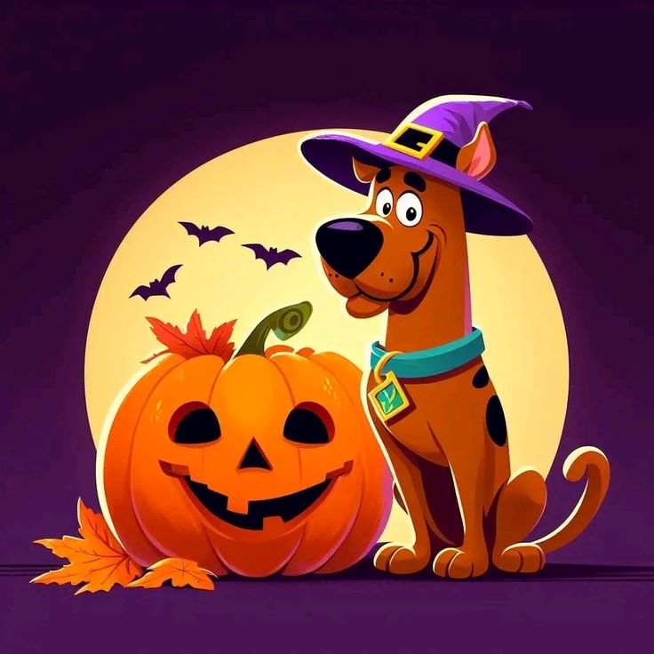 a cartoon dog wearing a witches hat next to a jack - o'- lantern