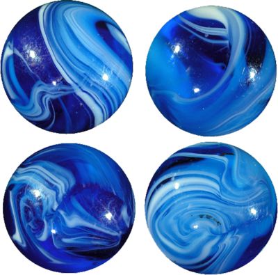 four blue marbles with white swirl designs