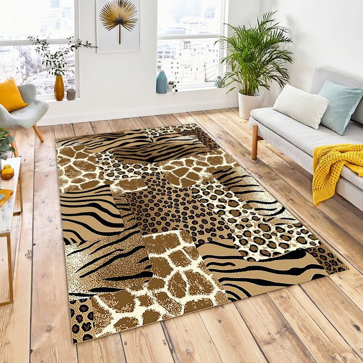 an animal print rug in a living room