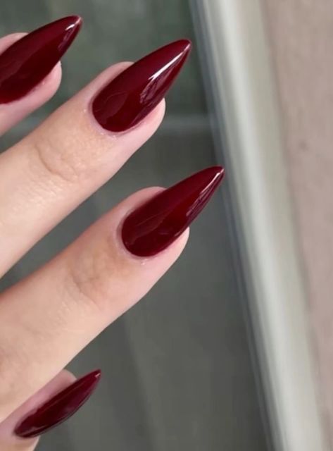 Dark Cherry Red Nails Stiletto, Dark Red Gel X Nails, Red Claws Nails, Darker Red Nails, Dark Cherry Almond Nails, Old Fashion Nails, Burgundy Pointy Nails, Nail Inspo Cherry Red, Acrylic Nails Ideas Dark