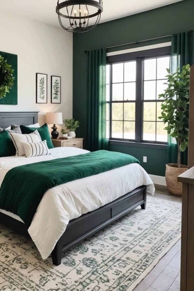 a bedroom with green walls and white bedding, rugs and pillows on the floor